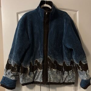 Vintage Reversible Blue Fleece Jacket with Horse Design/Brown leather jacket